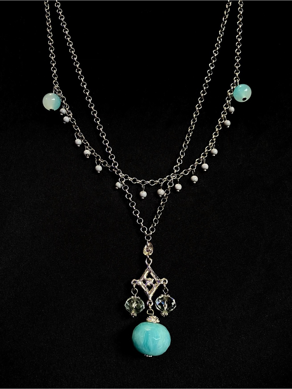 Aqua Amazonite Double Strand Layered Y-Drop Necklace + Pave Crystal Connector